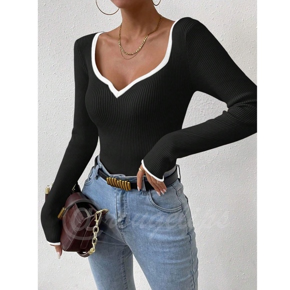 Black Rib Knit Sweetheart Contrast White Trim Long Sleeve Fitted Sweater Top - Picture 6 of 16